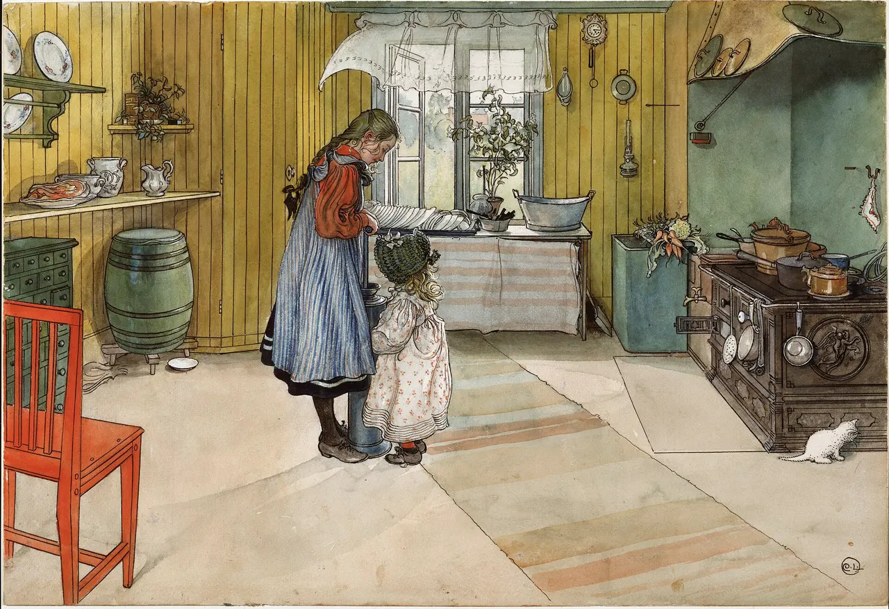 Two girls at the sink in a green and yellow farmhouse kitchen. An iron stove stands on the right with copper pots on it, and a white kitten sits beside it.