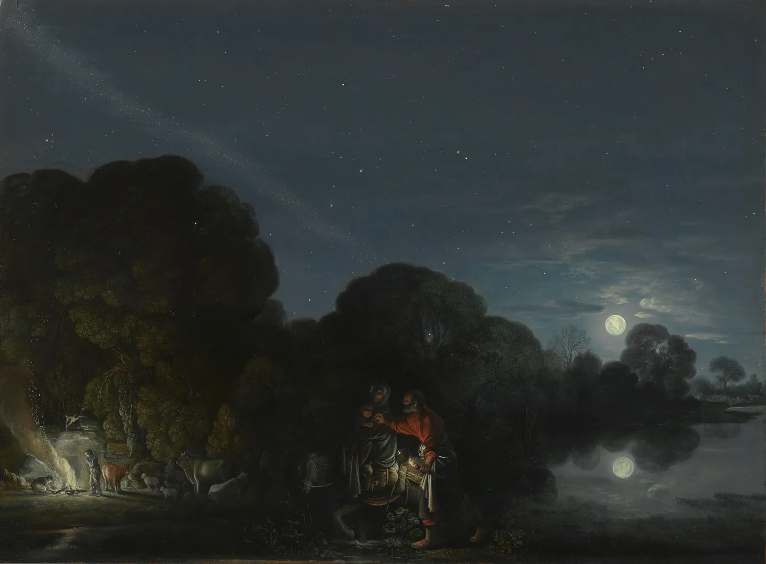 A night landscape with a bright moon over a lake. A small family travels on a dark road under big trees. A fire burns far off at the left.
