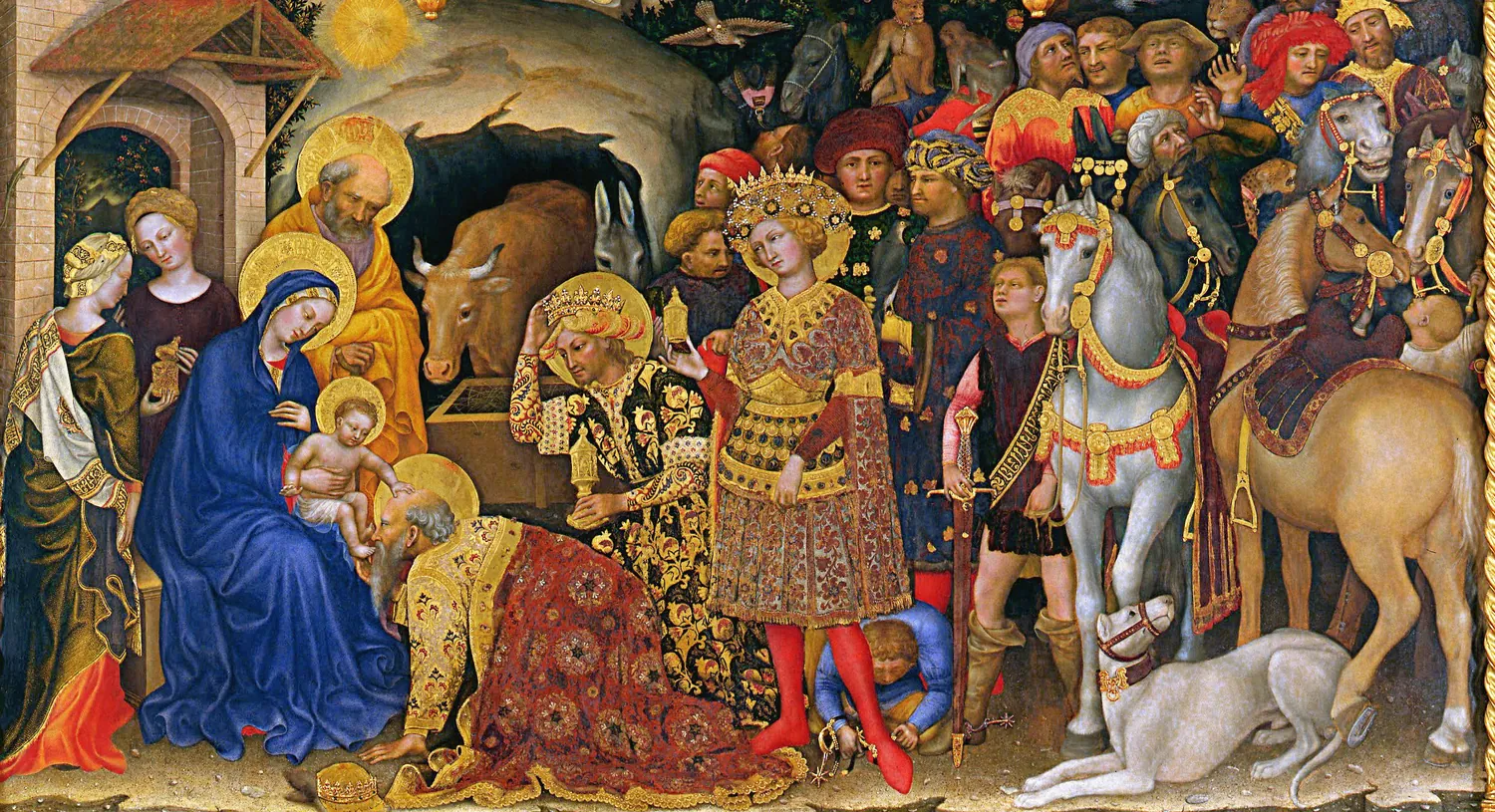 A crowded painting of the wise men. A wise man kneels to kiss the foot of the baby on Mary’s lap, while richly dressed men, horses and a dog wait behind him.
