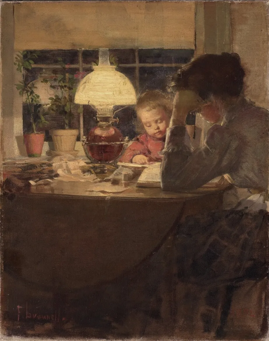A mother and a child at a round table in the evening, the lamp the only light in the room