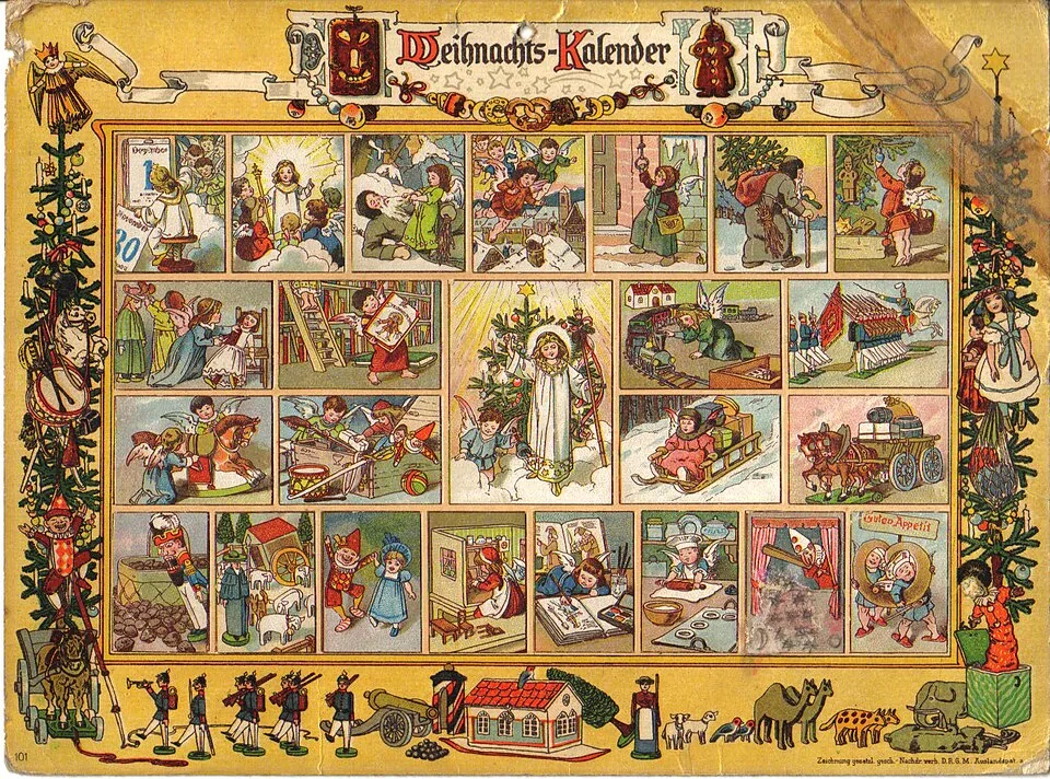 A worn picture sheet titled Weihnachts-Kalender, filled with small colored scenes of children and Christmas.