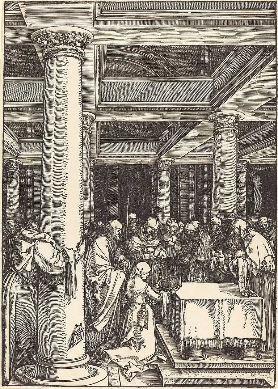 A black and white woodcut of a temple interior with tall columns, where a priest at an altar receives a child from his mother, with onlookers around.