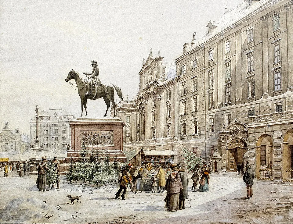 A watercolor of a snowy city square with market stalls, small fir trees for sale, a horse statue and people in winter coats.