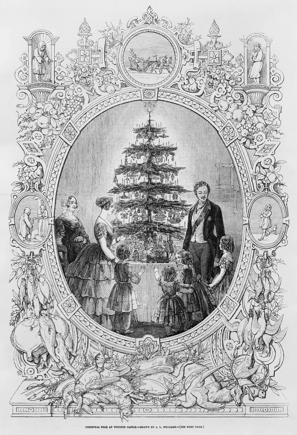 A wood engraving of Queen Victoria, Prince Albert and their children standing around a tall decorated tree on a table, hung with candles, gifts and sweets.