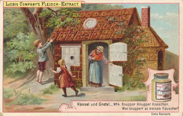 A colored German collector card showing two children at the door of a small cottage with a red roof, while an old woman looks out.