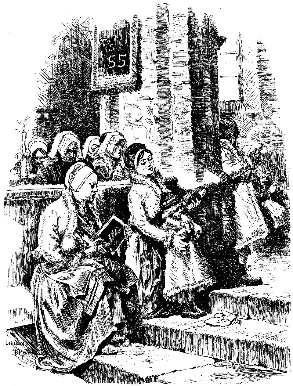 A black and white pen drawing of villagers in winter coats sitting in church pews, with hymn books, at an early service.