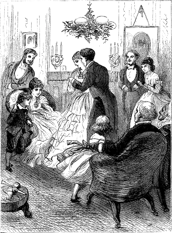 A Victorian engraving of a family party in a parlor, with a bunch of mistletoe hanging from the chandelier.