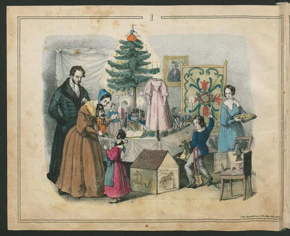 A hand-colored print of a Christmas Eve room: children and parents around a lit tree and a table of presents, including a toy house and a doll.
