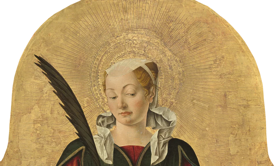 A Renaissance painting of Saint Lucy, a young woman in a white veil, looking down, with a palm branch and a gold halo behind her.