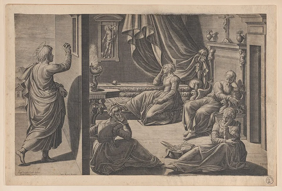 An old engraving of a bishop at a window handing down a bag of gold to a family of a father and three daughters.