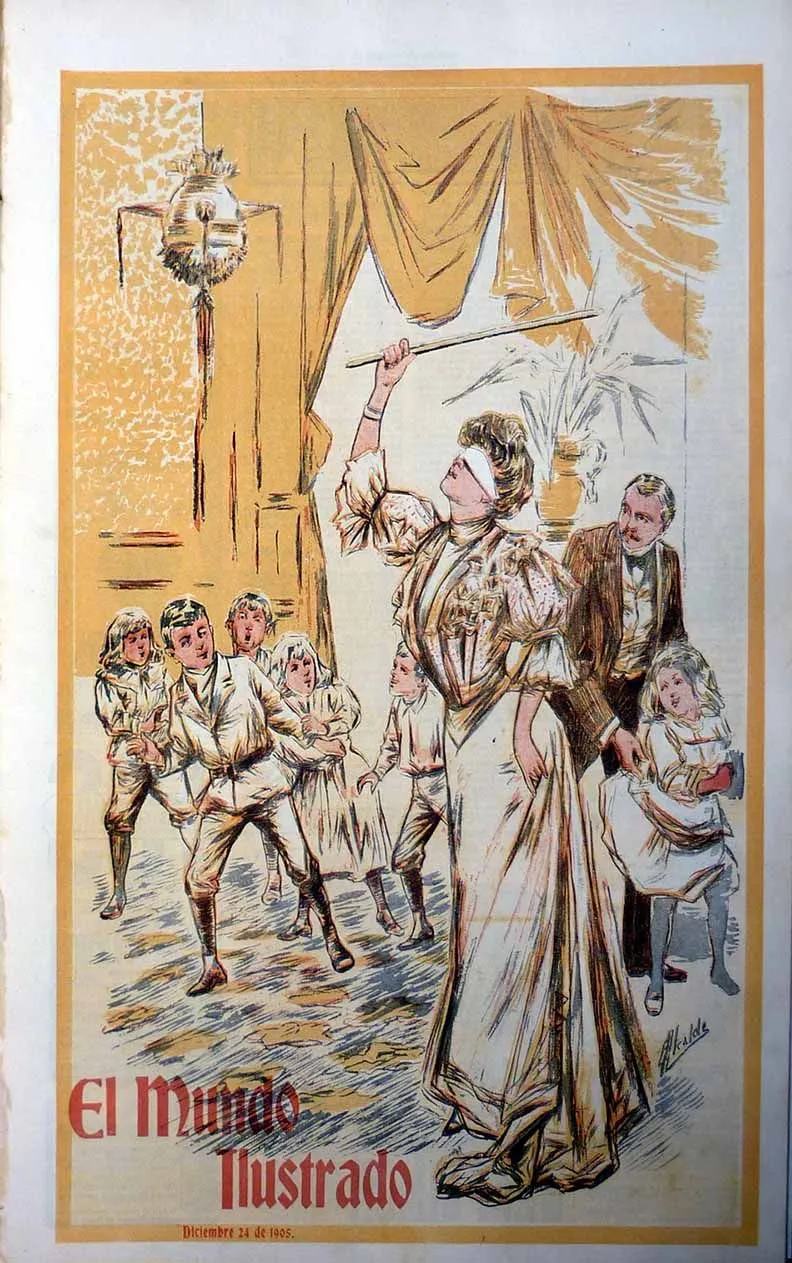 A woman in a blindfold swings a stick at a piñata that hangs from the ceiling. Children crowd around her and a man in a suit looks on.