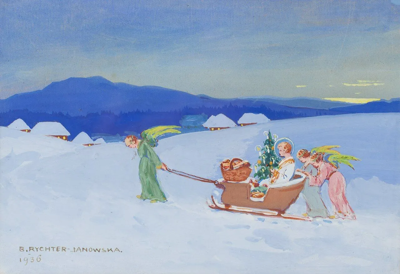 At dusk, three angels pull and push a sled across a snowy valley. On the sled sit a small lit tree, a basket and a child with a halo.