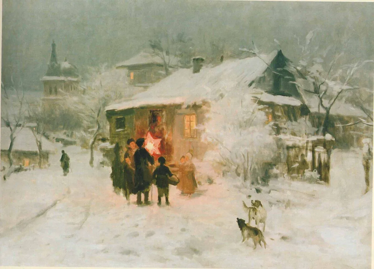 On a snowy night, carolers stand at the door of a cottage and hold up a glowing paper star. Two dogs watch from the snow.