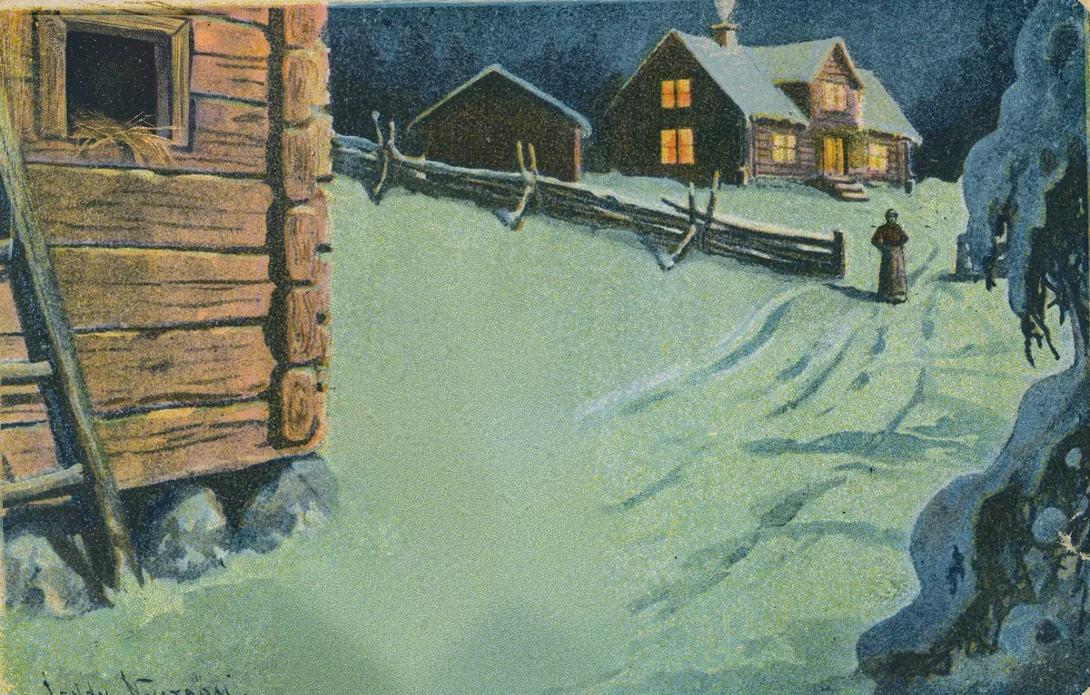 A snowy farmyard at night. A girl in a green shawl carries a big bowl across the snow towards a log barn with hay in its loft. Behind a fence the red farmhouse has candles in every window.